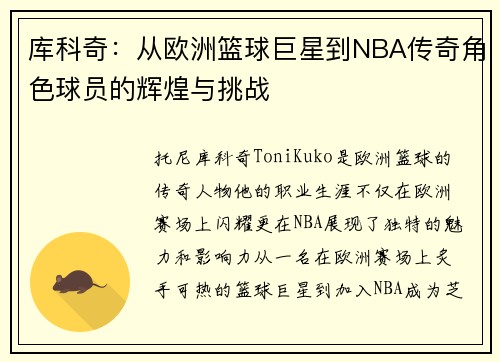 库科奇：从欧洲篮球巨星到NBA传奇角色球员的辉煌与挑战