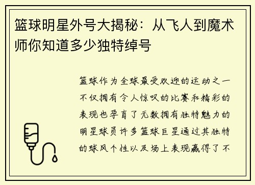 篮球明星外号大揭秘：从飞人到魔术师你知道多少独特绰号